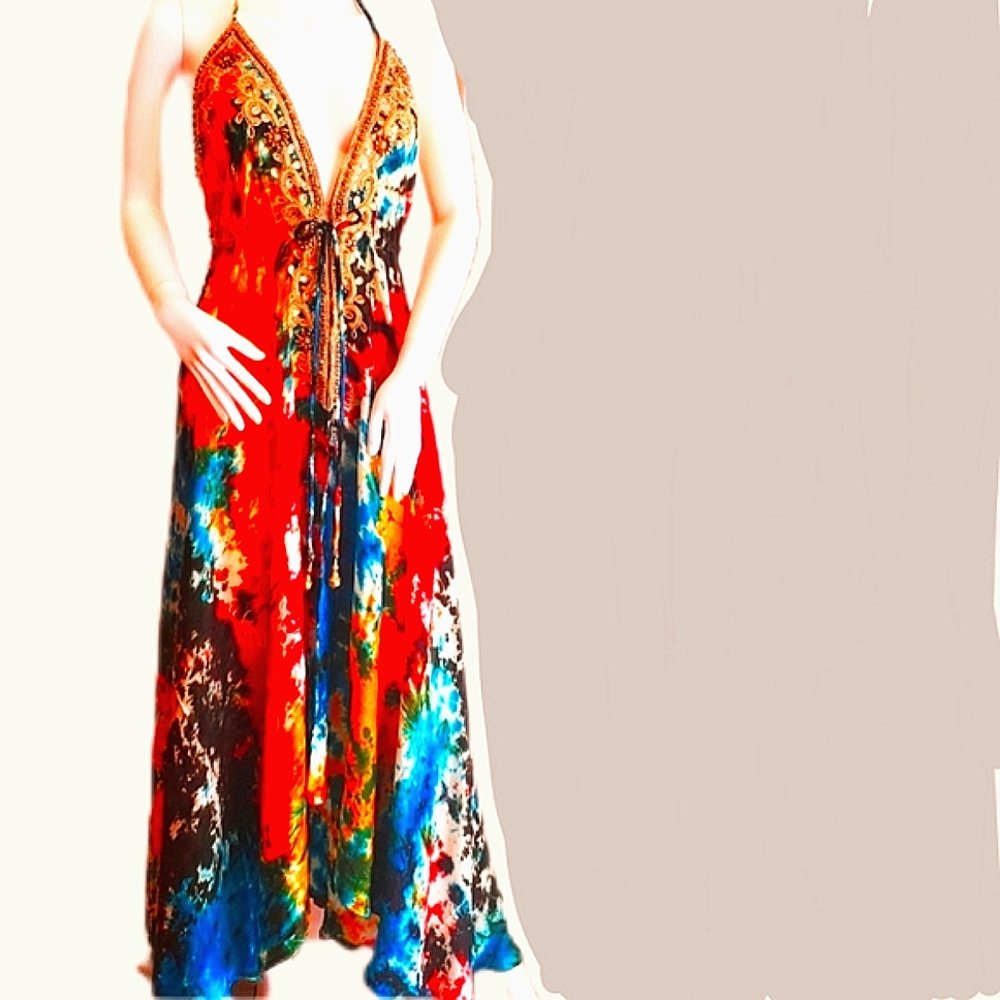 **LAST ONE***MANISH VAID- Tie Dye Silky Rayon Cry.Emb. Hi-Lo Dress OS NWT WoW***